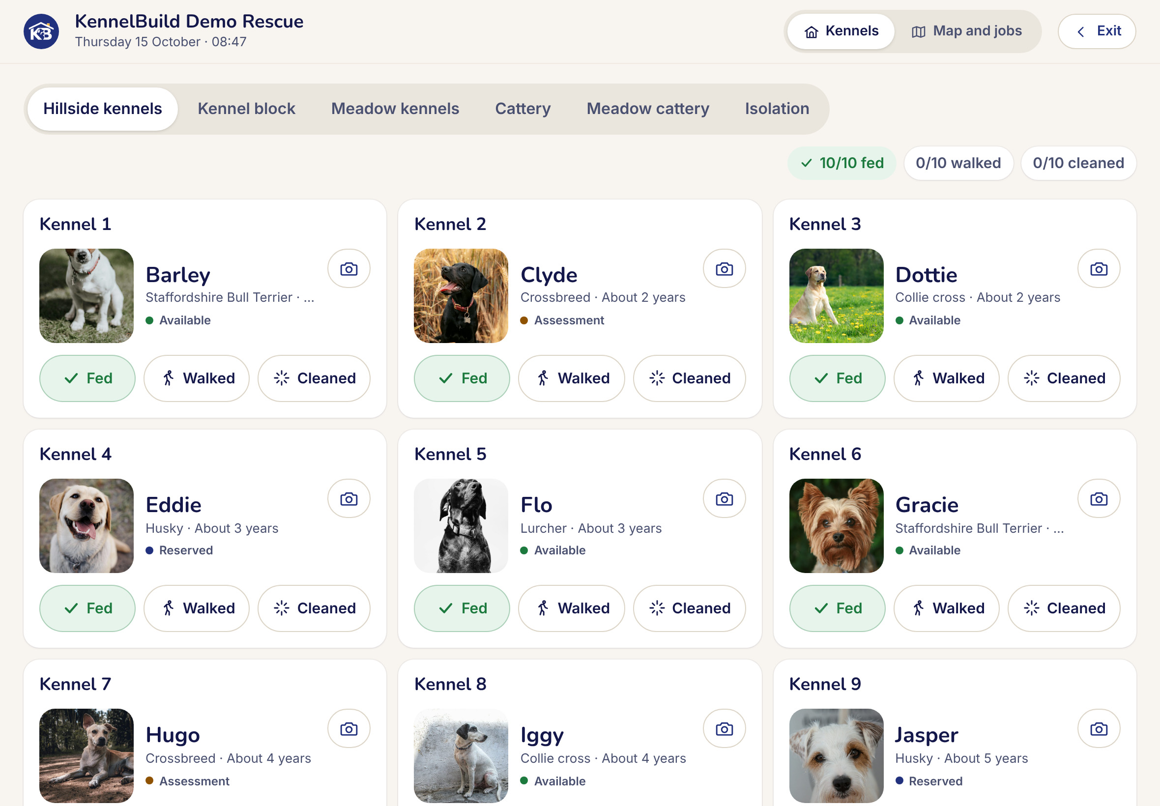The kennel board on an iPad. Each kennel shows the animal, their photo and buttons for fed, walked and cleaned