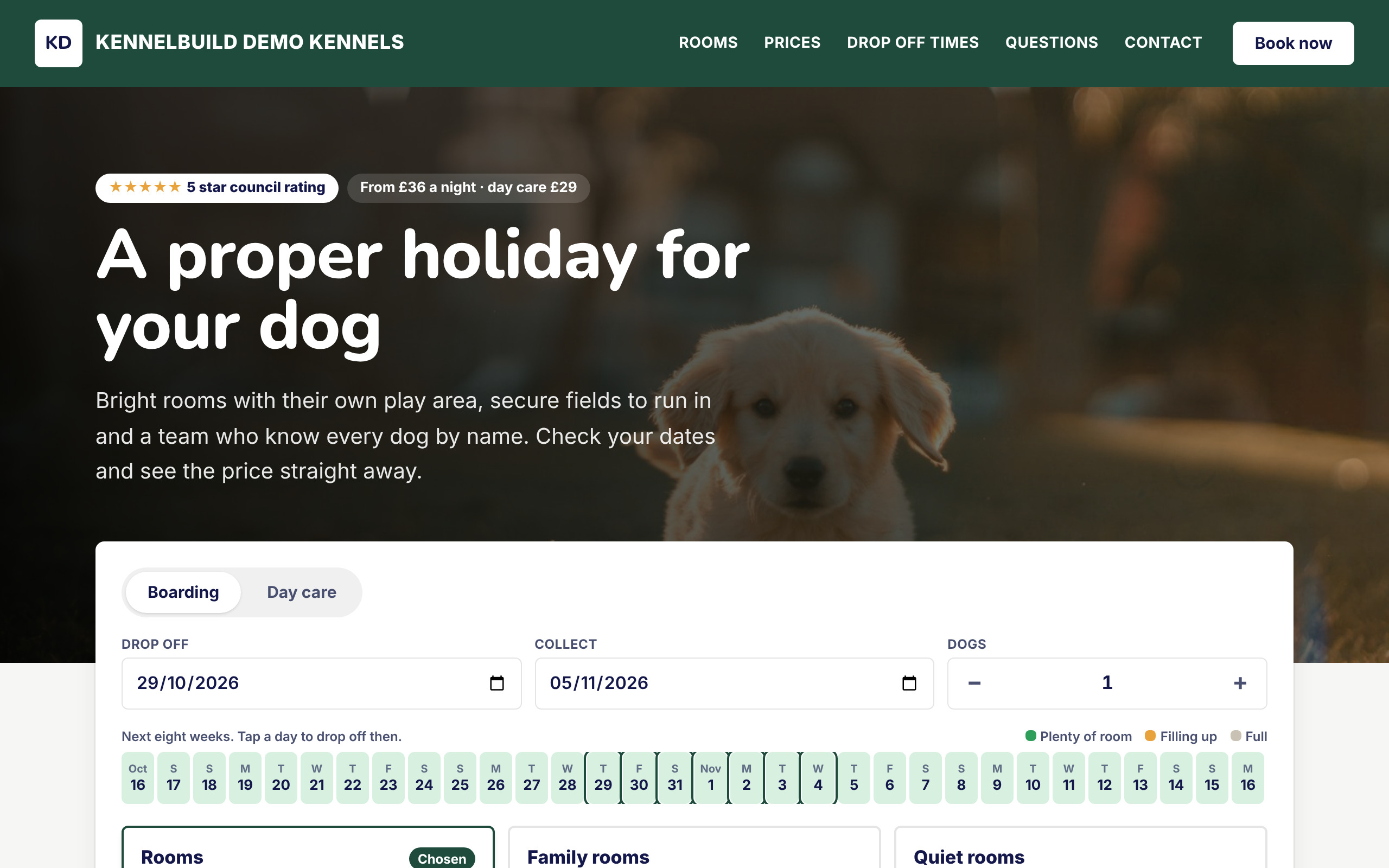 A boarding kennel website made with KennelStay, with prices and a booking panel