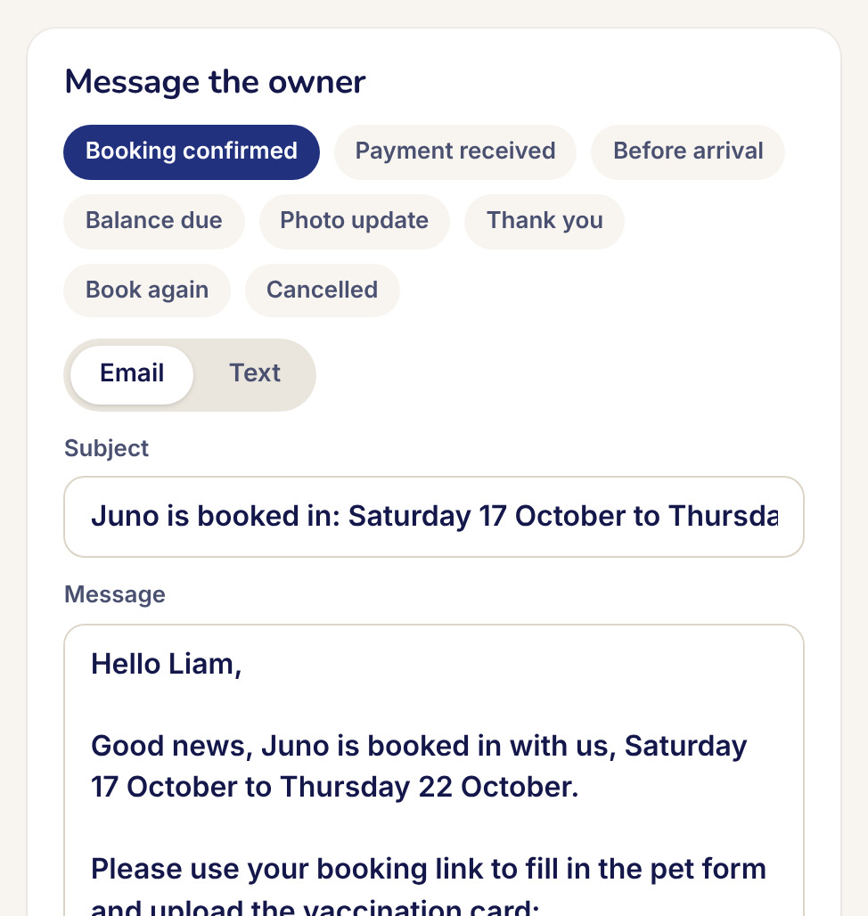Message the owner: templates for each step, with the message ready to send