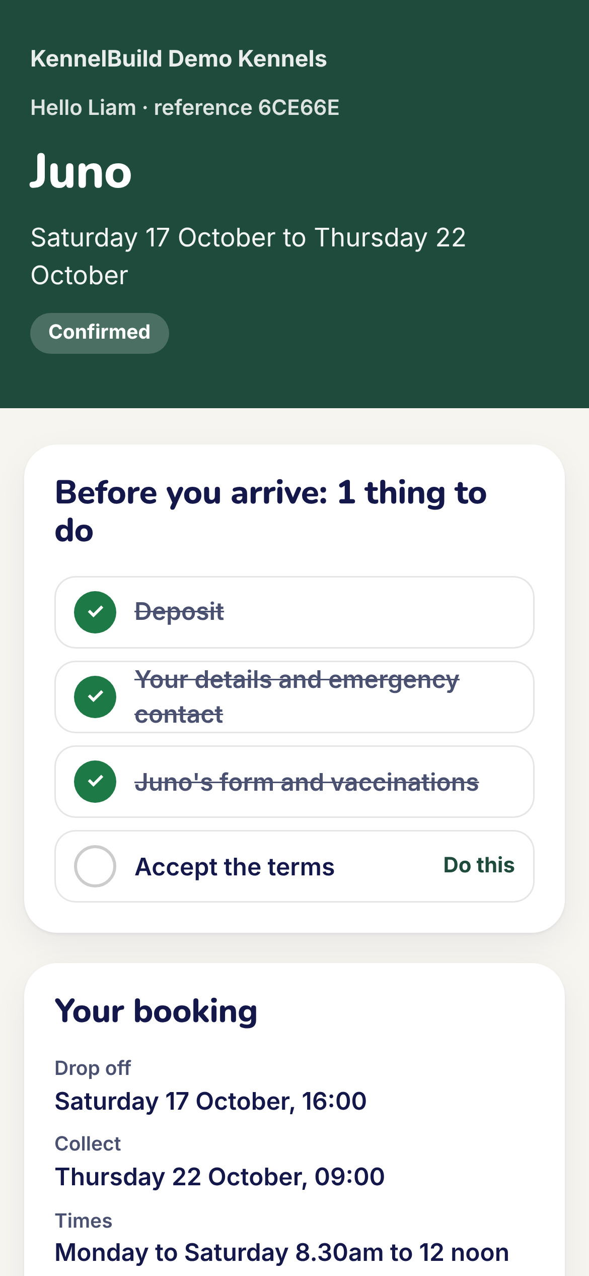 The owner's booking link on a phone, showing what is left to do before arrival