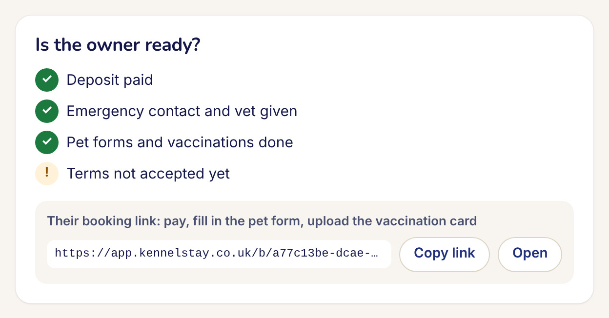 Is the owner ready: deposit paid, emergency contact and vet given, pet forms done, terms not yet accepted