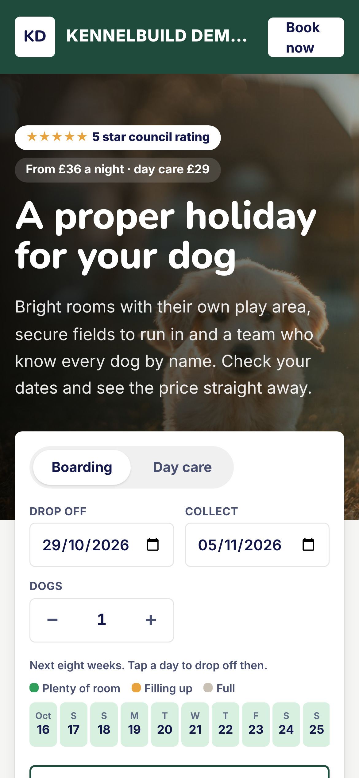 A boarding kennel website on a phone, with the booking panel